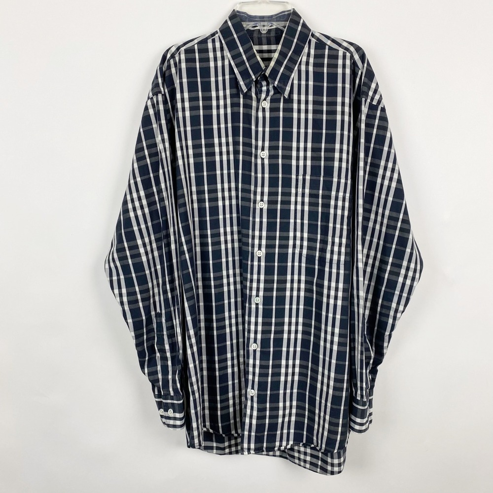 Burberry London Plaid Long Sleeve Button Down Shirt Mens M Black White Cotton